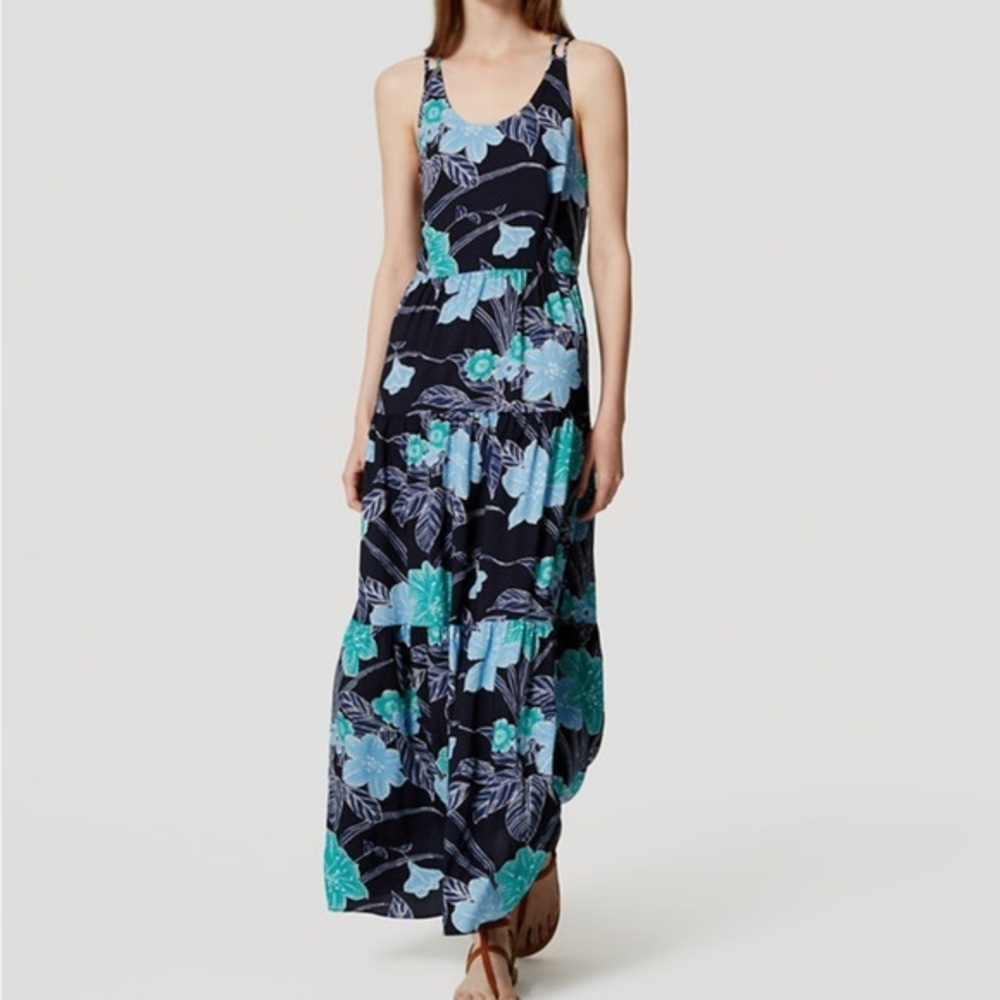 Ann Taylor LOFT Floral Tiered Maxi Dress Size 0 Fresh Navy Color